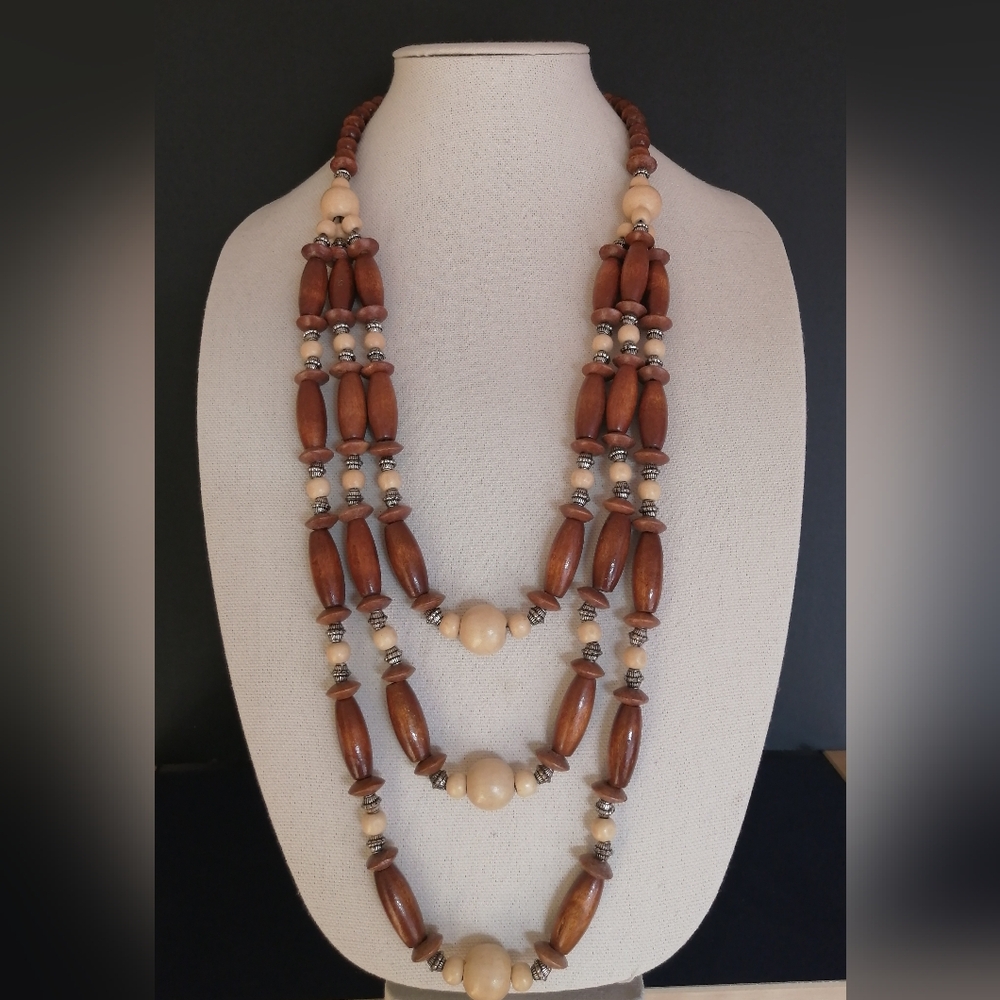 French Artisan Necklace Bohemian Wood Beads Multi-Strand Statement